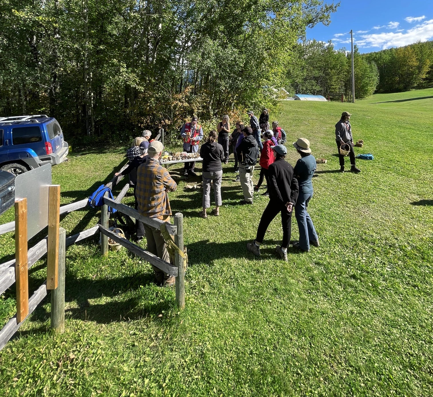 Group of people standing in a grassy field with trees and a blue sky, watching a teacher hold a mushroom while talking about it 
