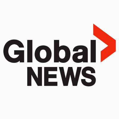 Global News logo with black text and a red arrow on a white background