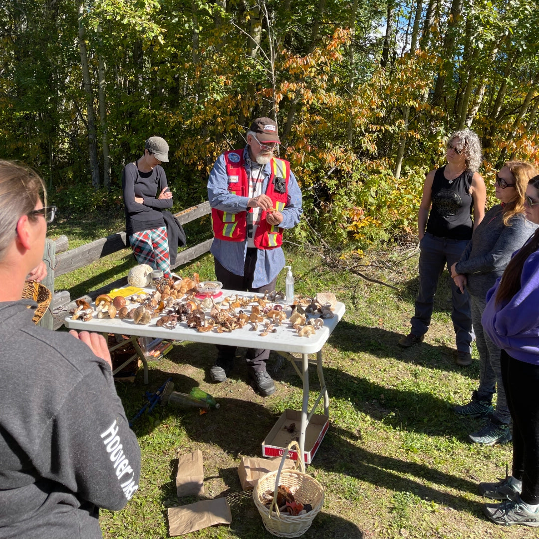 Mushroom guide teaching about mushrooms to a group of people crowded around him 