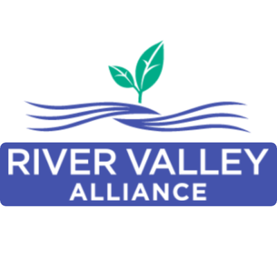 Logo of the River Valley Alliance with wavy lines and leaves on a white background