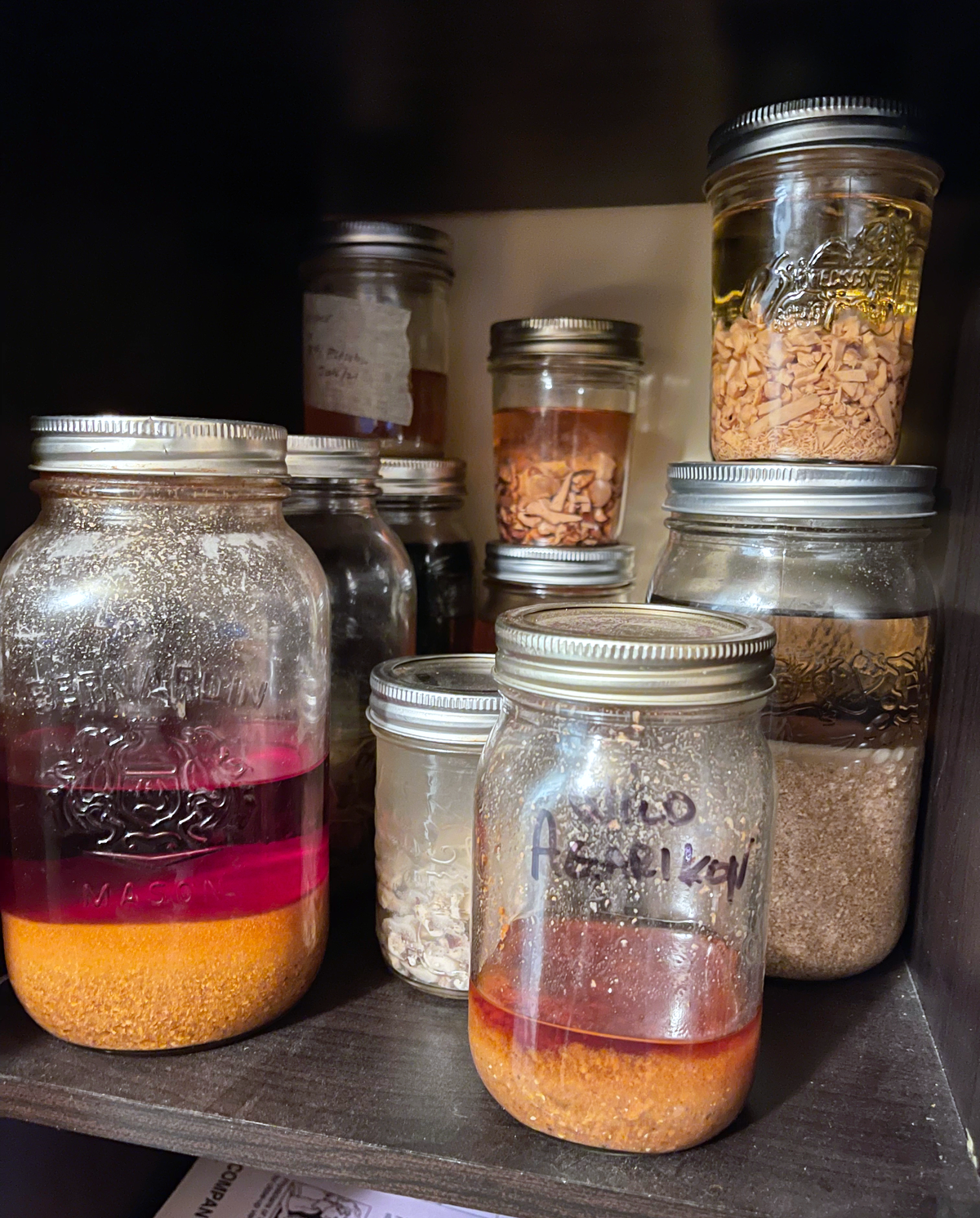 Collection of glass jars with medicinal mushroom extracts on a shelf.