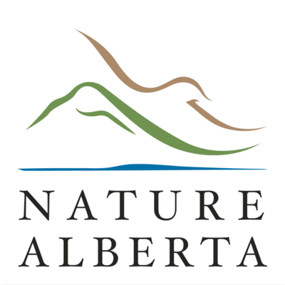 Logo of Nature Alberta with stylized mountains and a blue line on a white background
